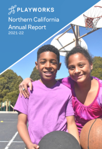 Front page of annual report. A girl and boy holding basketballs on a playground.