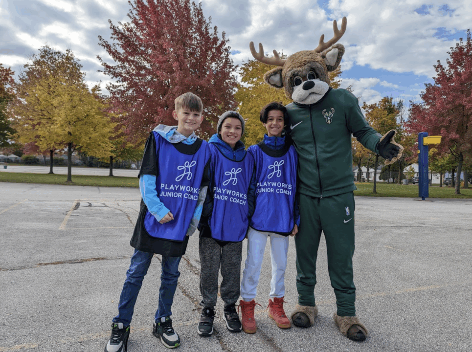 students with Bucks mascot