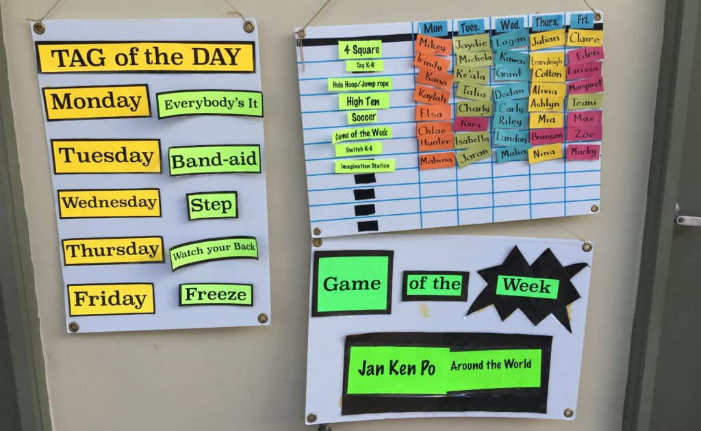 A recess schedule lets students and recess staff know which games will be available, which new "game of the week" will be introduced, and which student leaders will set up each core game. 