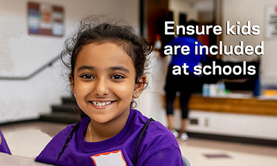 photo of girl with text "ensure kids are included at schools"